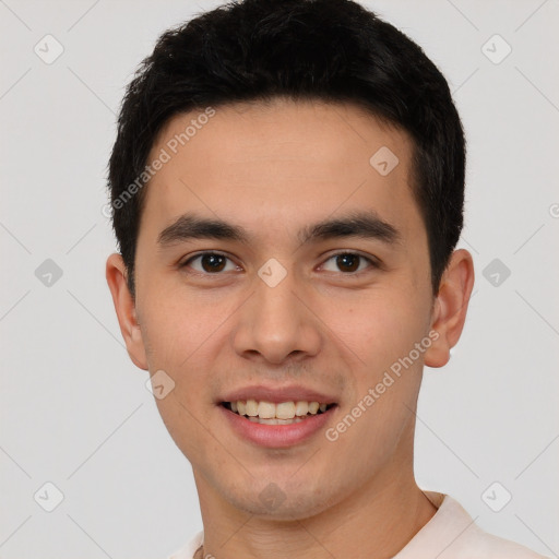 Joyful white young-adult male with short  black hair and brown eyes