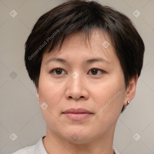 Joyful white adult female with short  brown hair and brown eyes