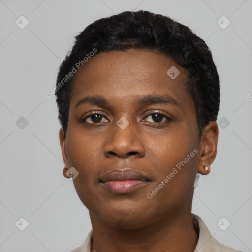 Neutral black young-adult female with short  black hair and brown eyes