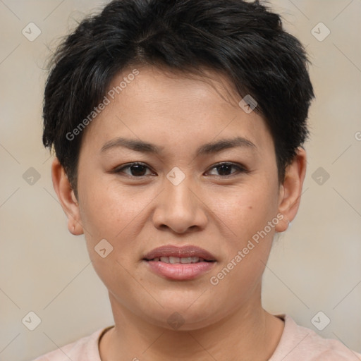 Joyful asian young-adult female with short  brown hair and brown eyes