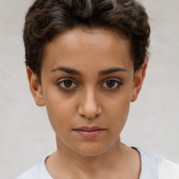 Neutral white young-adult female with short  brown hair and brown eyes