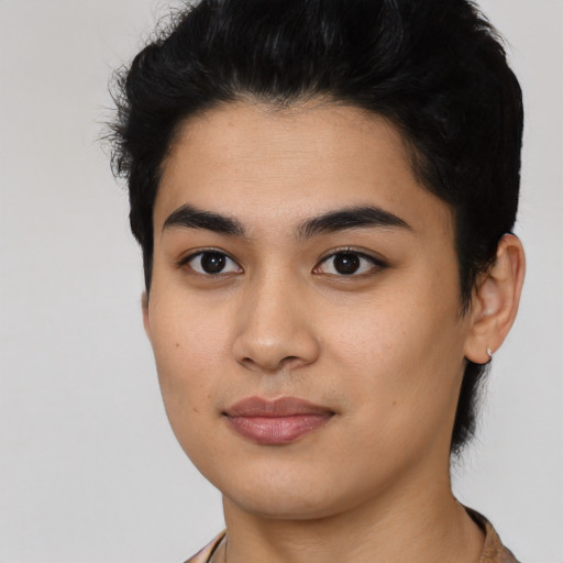 Neutral latino young-adult female with short  black hair and brown eyes