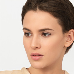 Neutral white young-adult female with short  brown hair and brown eyes