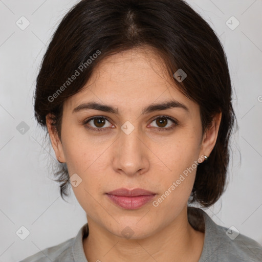 Neutral white young-adult female with medium  brown hair and brown eyes