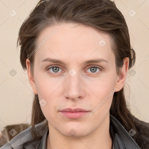 Neutral white young-adult female with long  brown hair and grey eyes