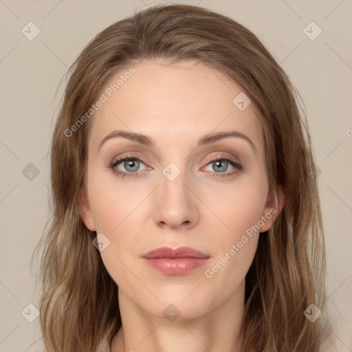 Neutral white young-adult female with long  brown hair and grey eyes