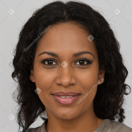 Joyful black young-adult female with long  brown hair and brown eyes