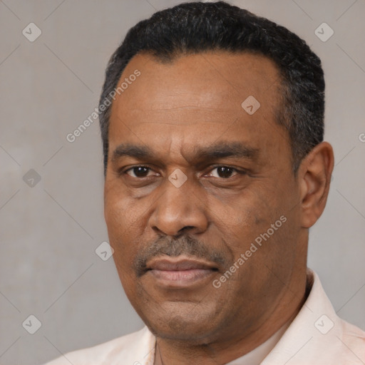 Joyful latino adult male with short  black hair and brown eyes
