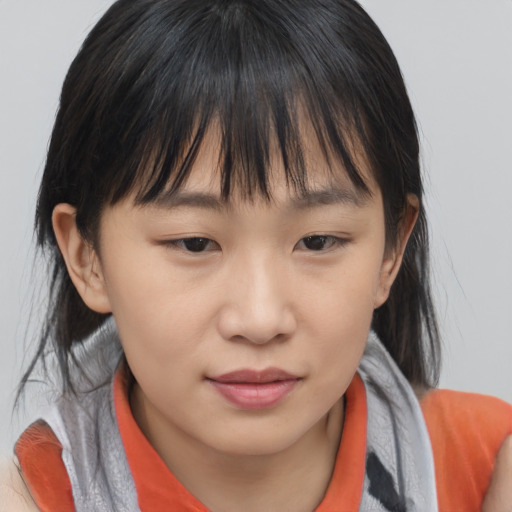 Neutral asian young-adult female with medium  brown hair and brown eyes