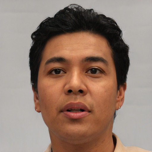 Neutral asian adult male with short  black hair and brown eyes