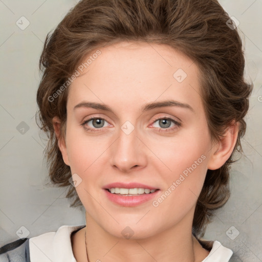 Joyful white young-adult female with medium  brown hair and green eyes