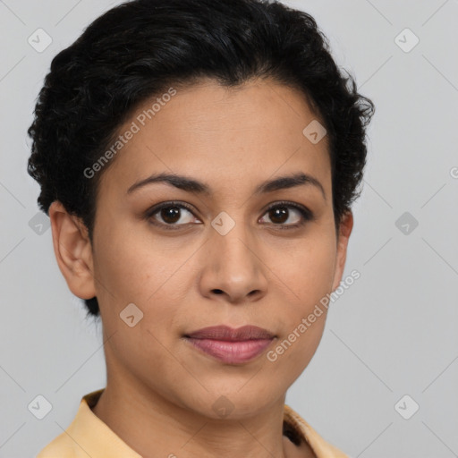 Joyful latino young-adult female with short  brown hair and brown eyes