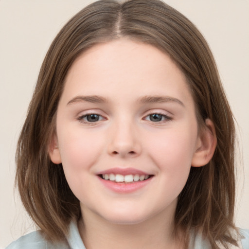 Joyful white child female with medium  brown hair and brown eyes