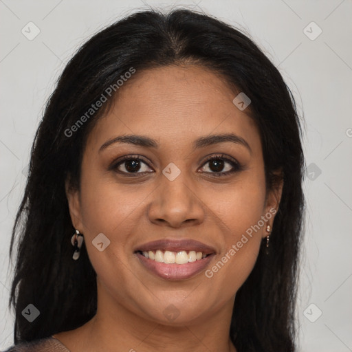 Joyful latino young-adult female with long  brown hair and brown eyes