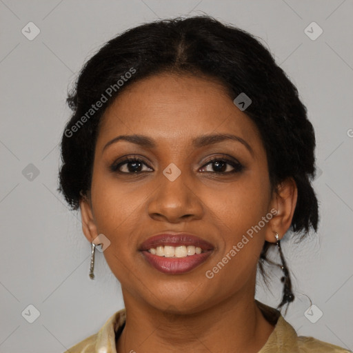 Joyful black young-adult female with medium  brown hair and brown eyes