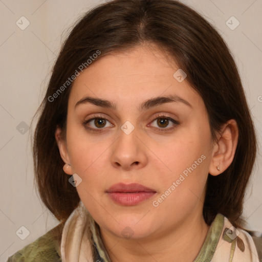 Neutral white young-adult female with medium  brown hair and brown eyes