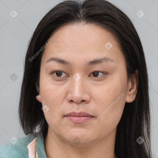 Joyful asian young-adult female with medium  brown hair and brown eyes