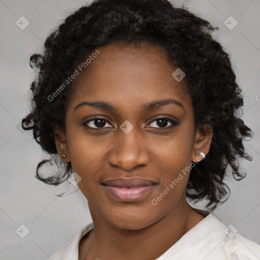 Joyful black young-adult female with medium  black hair and brown eyes