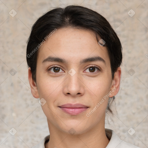 Joyful white young-adult female with short  brown hair and brown eyes