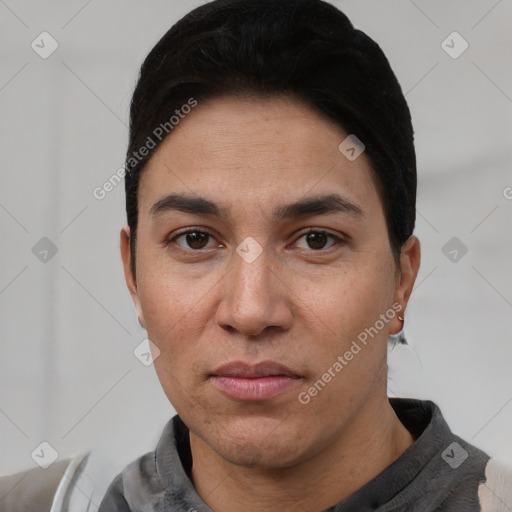 Neutral white adult male with short  black hair and brown eyes