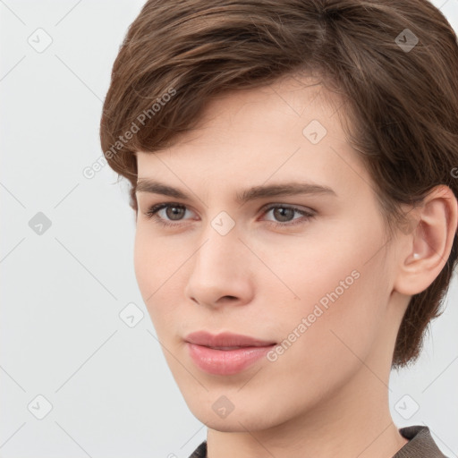 Neutral white young-adult female with short  brown hair and brown eyes