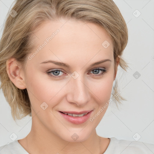 Joyful white young-adult female with medium  brown hair and blue eyes