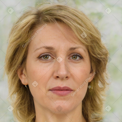 Joyful white adult female with medium  brown hair and green eyes