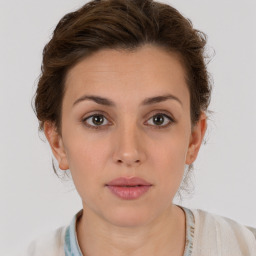 Neutral white young-adult female with short  brown hair and brown eyes