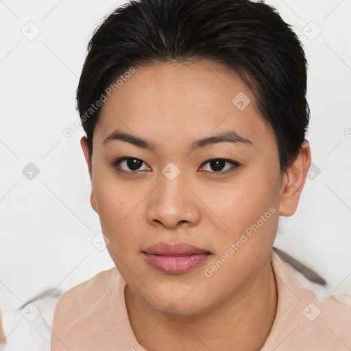 Joyful asian young-adult female with short  brown hair and brown eyes