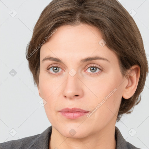 Neutral white young-adult female with medium  brown hair and grey eyes