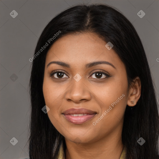 Joyful latino young-adult female with long  black hair and brown eyes