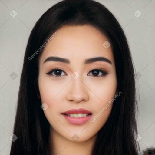 Neutral asian young-adult female with long  black hair and brown eyes