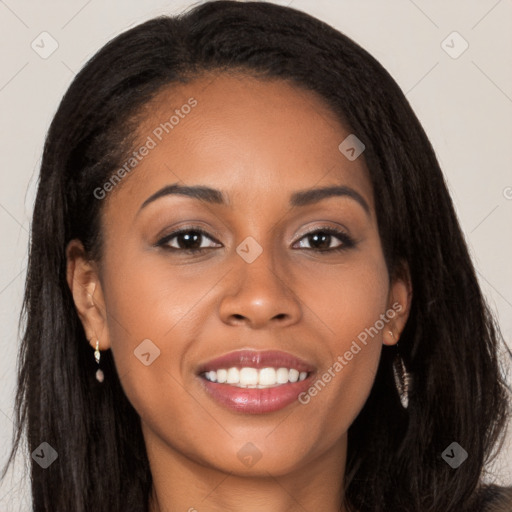 Joyful latino young-adult female with long  brown hair and brown eyes