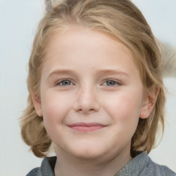 Joyful white child female with medium  brown hair and blue eyes