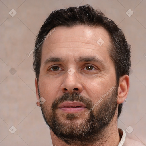 Neutral white adult male with short  brown hair and brown eyes