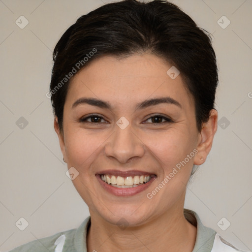 Joyful white young-adult female with short  brown hair and brown eyes