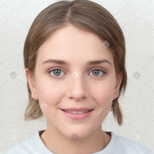 Joyful white young-adult female with medium  brown hair and blue eyes