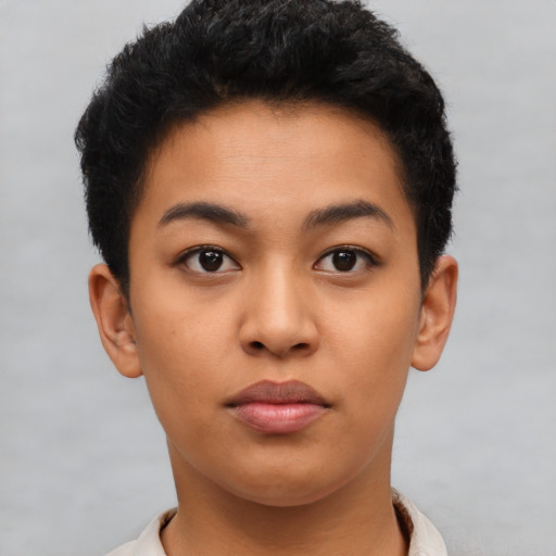 Neutral latino young-adult female with short  black hair and brown eyes