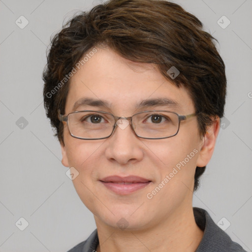 Joyful white adult female with short  brown hair and brown eyes