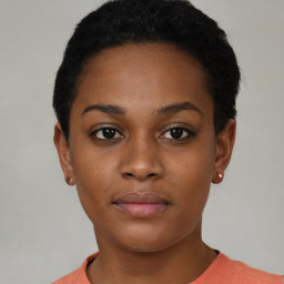 Neutral black young-adult female with short  black hair and brown eyes