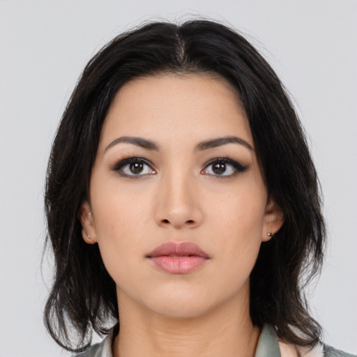Neutral latino young-adult female with medium  black hair and brown eyes