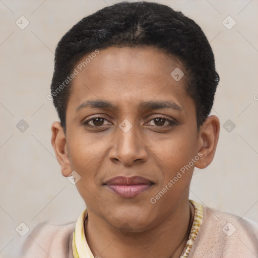 Joyful black young-adult female with short  black hair and brown eyes