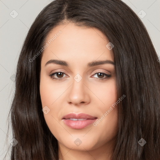 Joyful white young-adult female with long  black hair and brown eyes