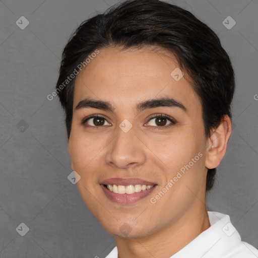 Joyful white young-adult female with short  brown hair and brown eyes