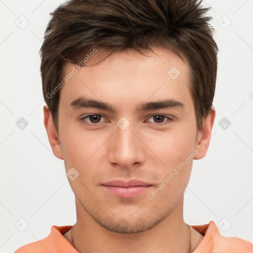 Neutral white young-adult male with short  brown hair and brown eyes