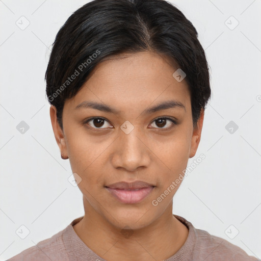 Neutral latino young-adult female with short  brown hair and brown eyes