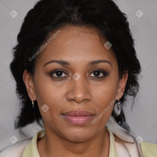 Joyful black adult female with medium  brown hair and brown eyes