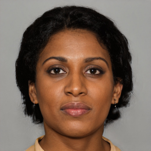 Joyful black young-adult female with medium  brown hair and brown eyes