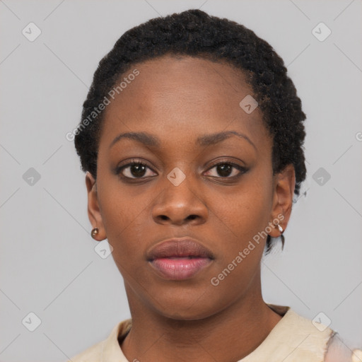 Neutral black young-adult female with short  black hair and brown eyes