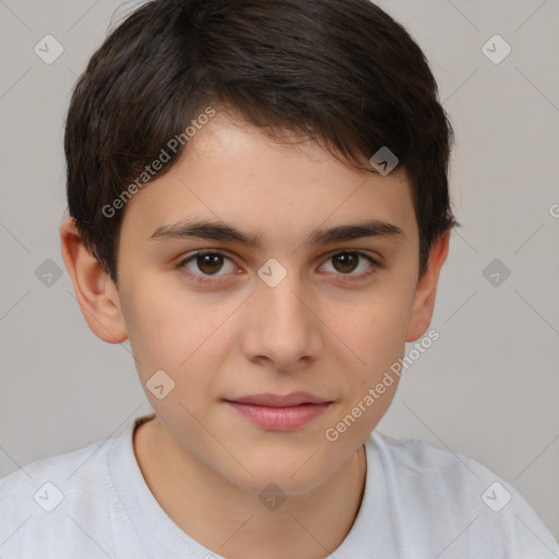 Joyful white child male with short  brown hair and brown eyes